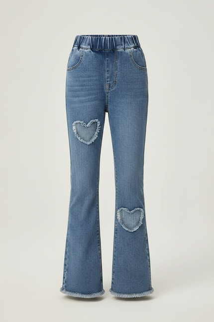 Pantalon Patte D'Éléphant Denim Cœurs Brodés Taille Élastique - Bleu Jean - vue 3