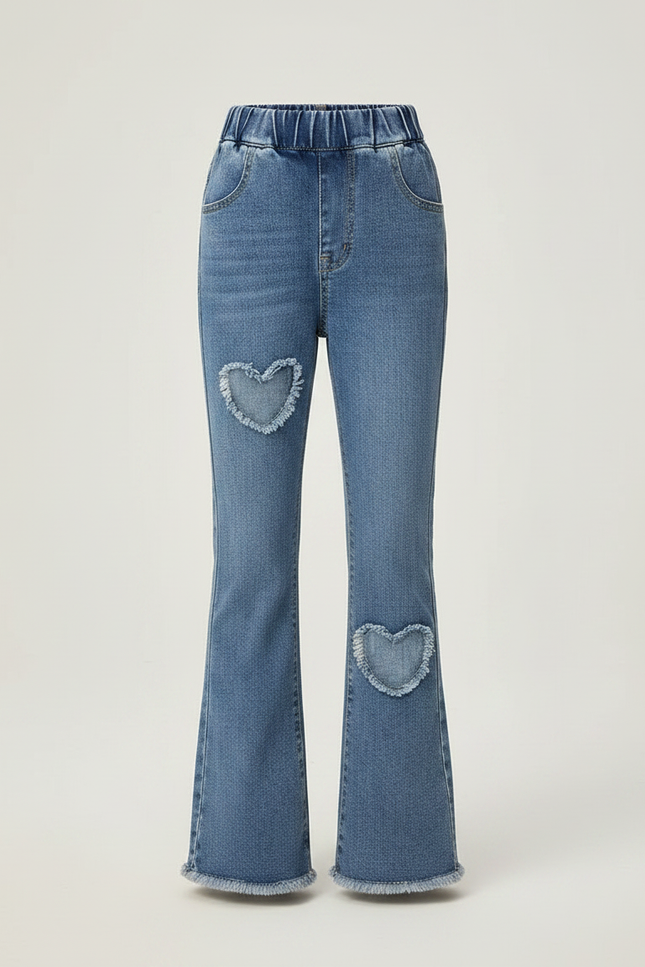 Pantalon Patte D'Éléphant Denim Cœurs Brodés Taille Élastique - Bleu Jean - vue 3