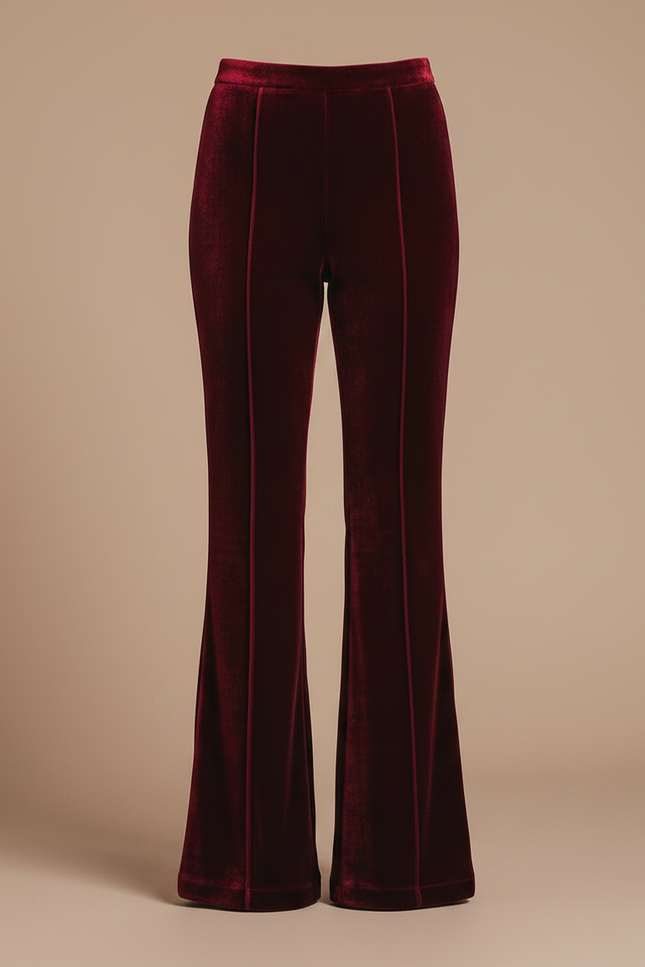 Pantalon Patte D'Éléphant Velours Rouge Bordeaux Taille Haute Évasé - vue 3