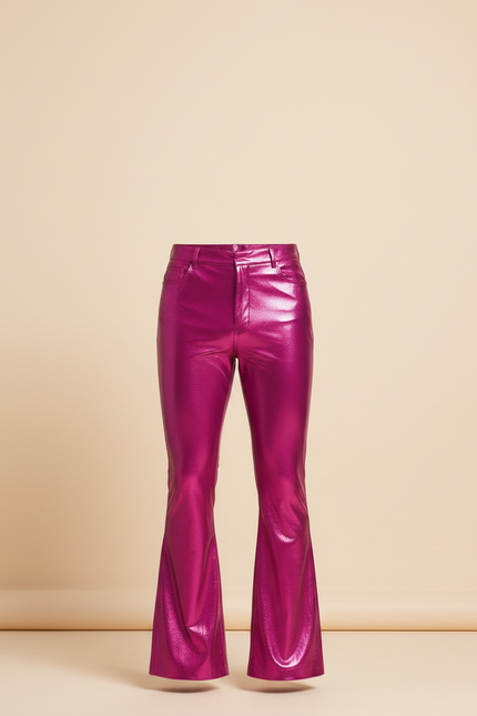 Pantalon Patte D'Éléphant Métallique Fuchsia Brillant Évasé Homme - Rose Simili cuir - vue 3