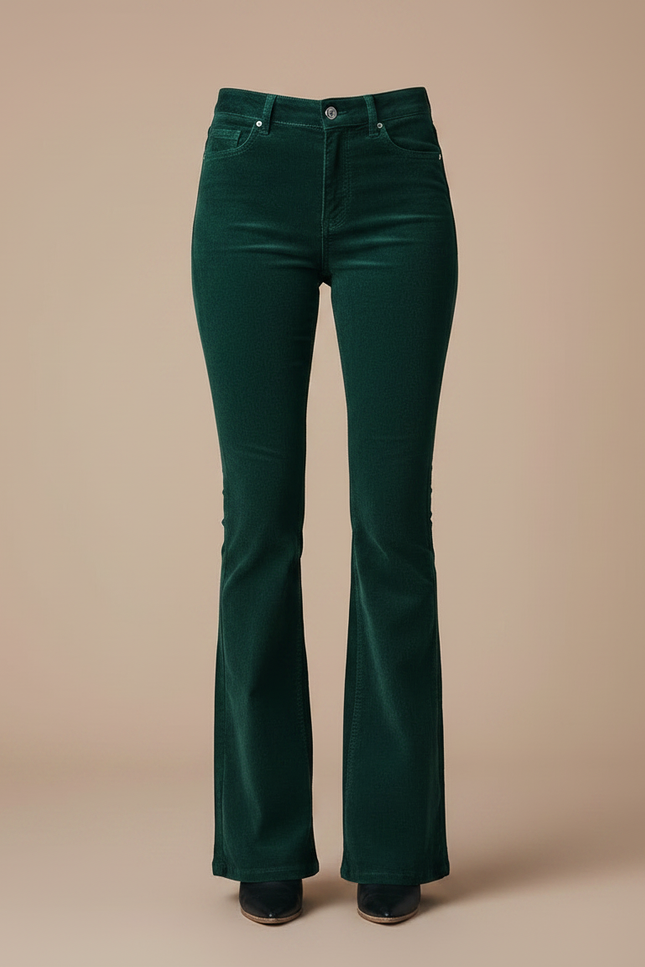 Pantalon Patte D'Éléphant Vert Côtelé Taille Haute Élégant Femme - Cordé - vue 3