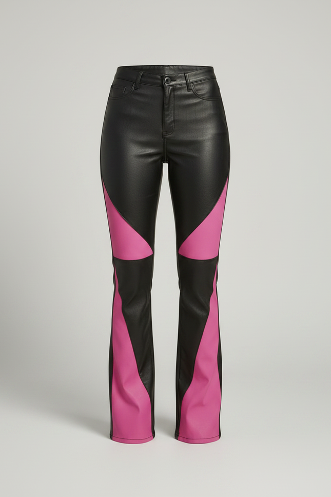 Pantalon Patte D'Éléphant Noir Rose Bicolore Similicuir Évasé Tendance - Multicolore Simili cuir - vue 3