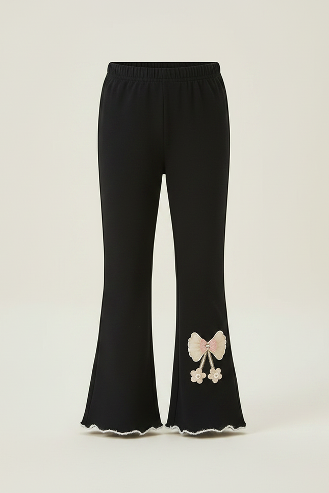 Pantalon Patte D'Éléphant Noir Évasé Nœud Brodé Fille - Maille - vue 3