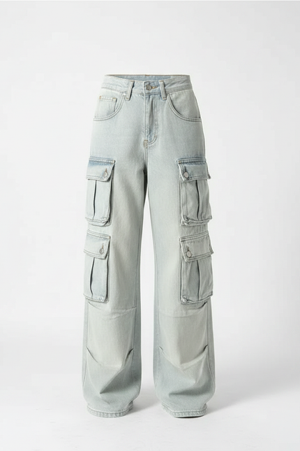 Pantalon Patte D'Éléphant Bleu Délavé Cargo Multi-Poches Large - Jean - vue 3