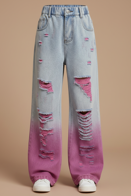 Pantalon Patte D'Éléphant Large Déchiré Dégradé Rose Enfant - Jean - vue 3