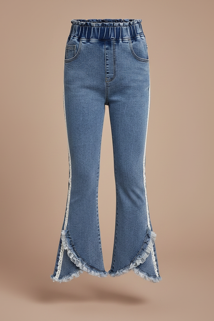 Pantalon Patte D'Éléphant Denim Bleu Franges Dentelle Fille - Jean - vue 3