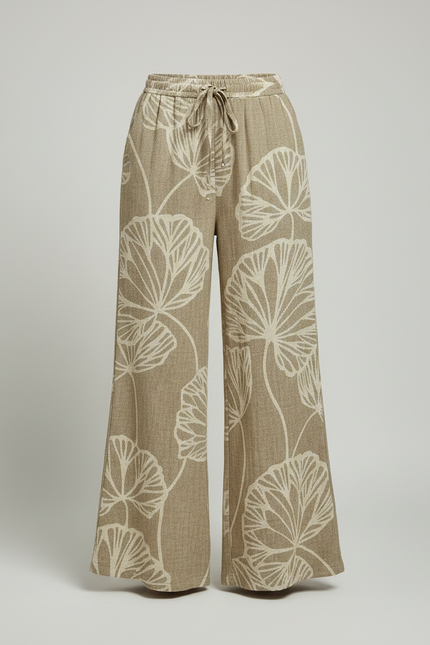 Pantalon Patte D'Éléphant Imprimé Botanique Fluide Beige Cordon - Lin - vue 3