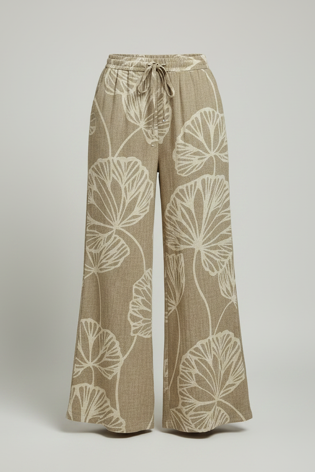 Pantalon Patte D'Éléphant Imprimé Botanique Fluide Beige Cordon - Lin - vue 3
