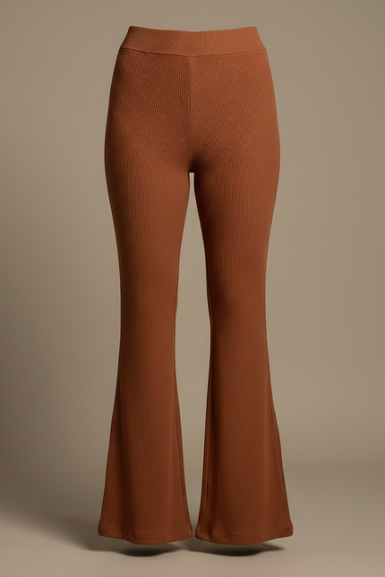 Pantalon Patte D'Éléphant Marron Ribbed Taille Haute Confortable - Maille - vue 3