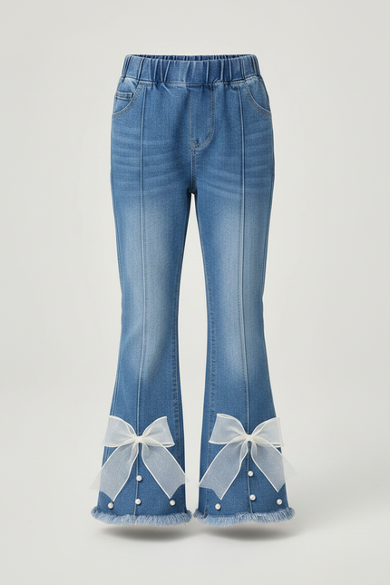Pantalon Patte D'Éléphant Bleu Denim Évasé Nœuds Décoratifs Perles - Jean - vue 3