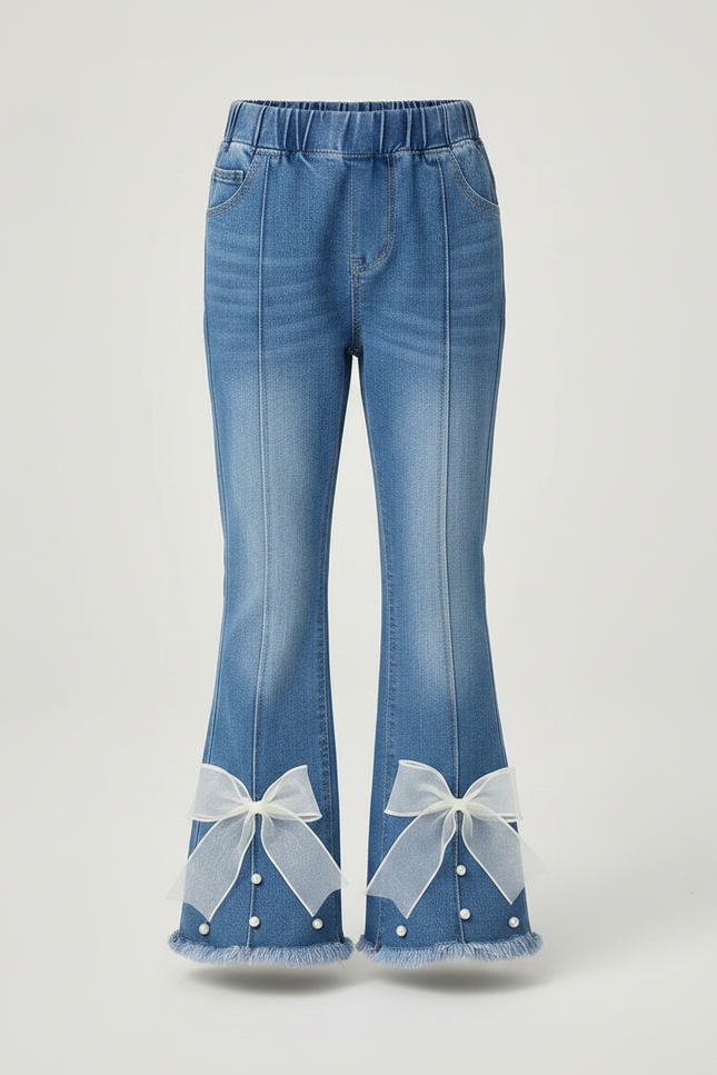 Pantalon Patte D'Éléphant Bleu Denim Évasé Nœuds Décoratifs Perles - Jean - vue 3