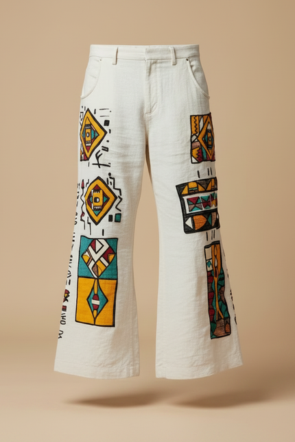 Pantalon Patte D'Éléphant Écru Lin Ample Motifs Ethniques Colorés - Beige - vue 3