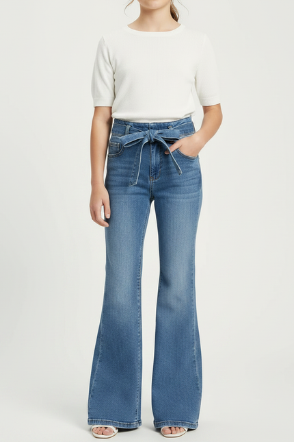 Pantalon Patte D'Éléphant Bleu Denim Taille Haute Ceinture Évasé - Jean - vue 3