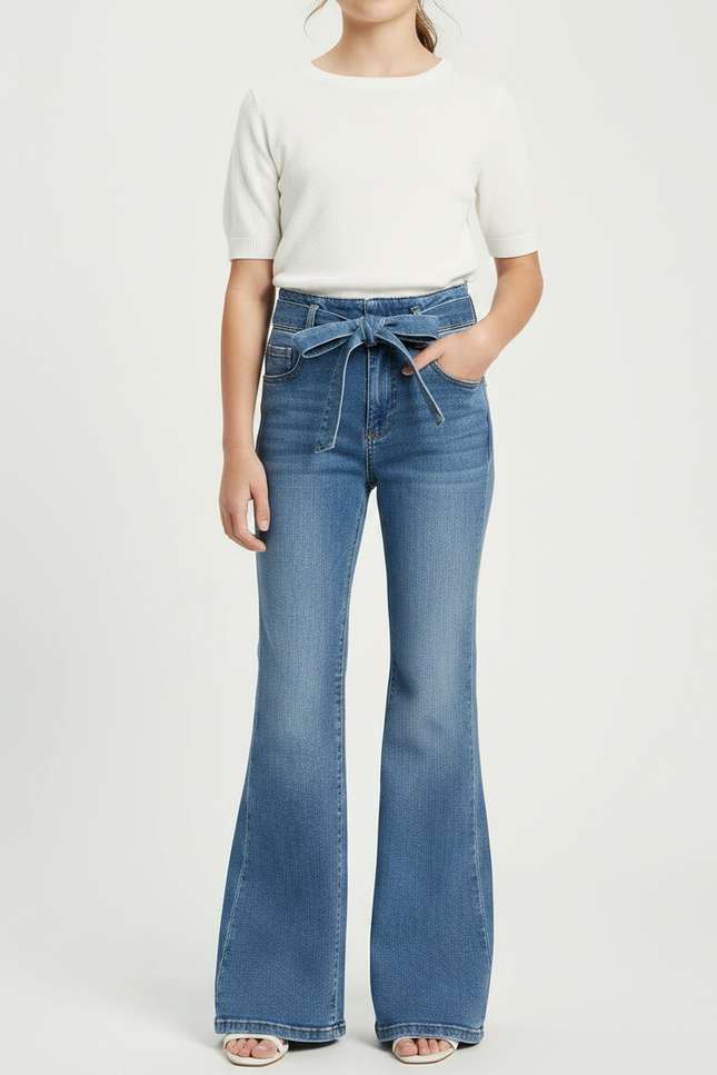 Pantalon Patte D'Éléphant Bleu Denim Taille Haute Ceinture Évasé - Jean - vue 3
