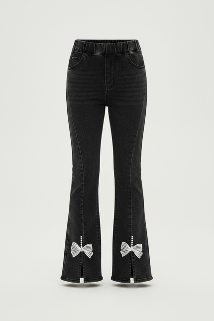 Pantalon Patte D'Éléphant Noir Denim Évasé Nœuds Perles Fille - Jean - vue 3