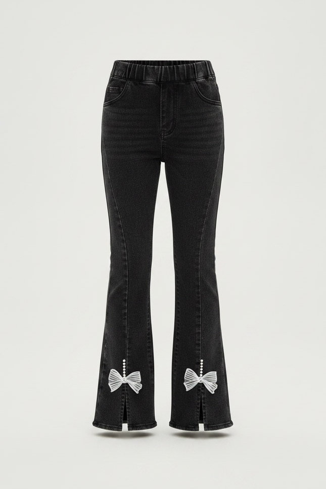 Pantalon Patte D'Éléphant Noir Denim Évasé Nœuds Perles Fille - Jean - vue 3