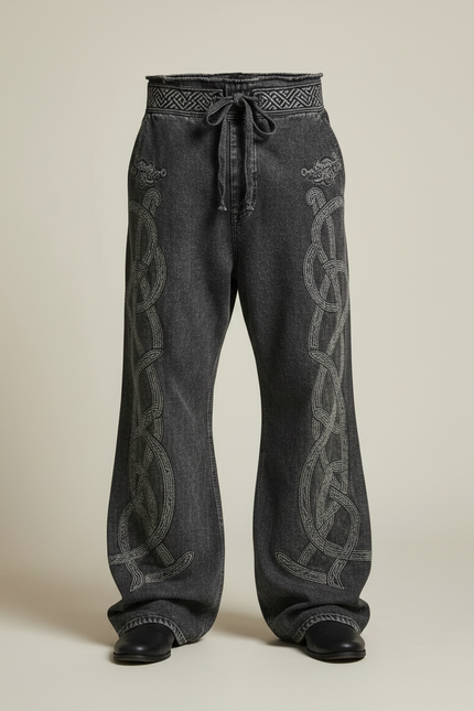 Pantalon Patte D'Éléphant Gris Brodé Celtique Ample Décontracté - Jean - vue 3