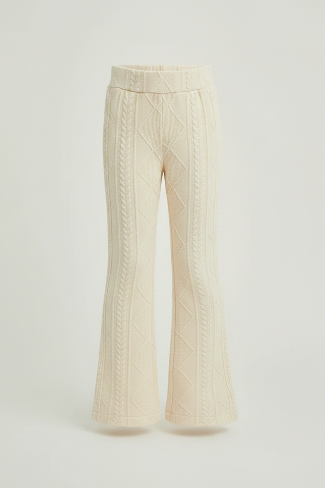 Pantalon Patte D'Éléphant Crème Tricoté Cable Fille - Beige Maille - vue 3