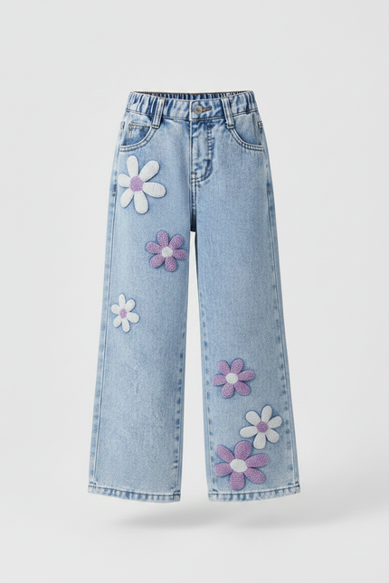 Pantalon Patte D'Éléphant Denim Fleuri Ample Enfant Décontracté - Bleu Jean - vue 3