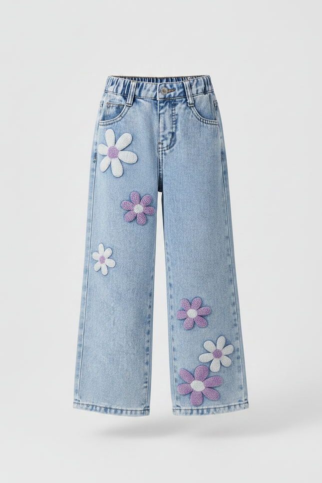 Pantalon Patte D'Éléphant Denim Fleuri Ample Enfant Décontracté - Bleu Jean - vue 3