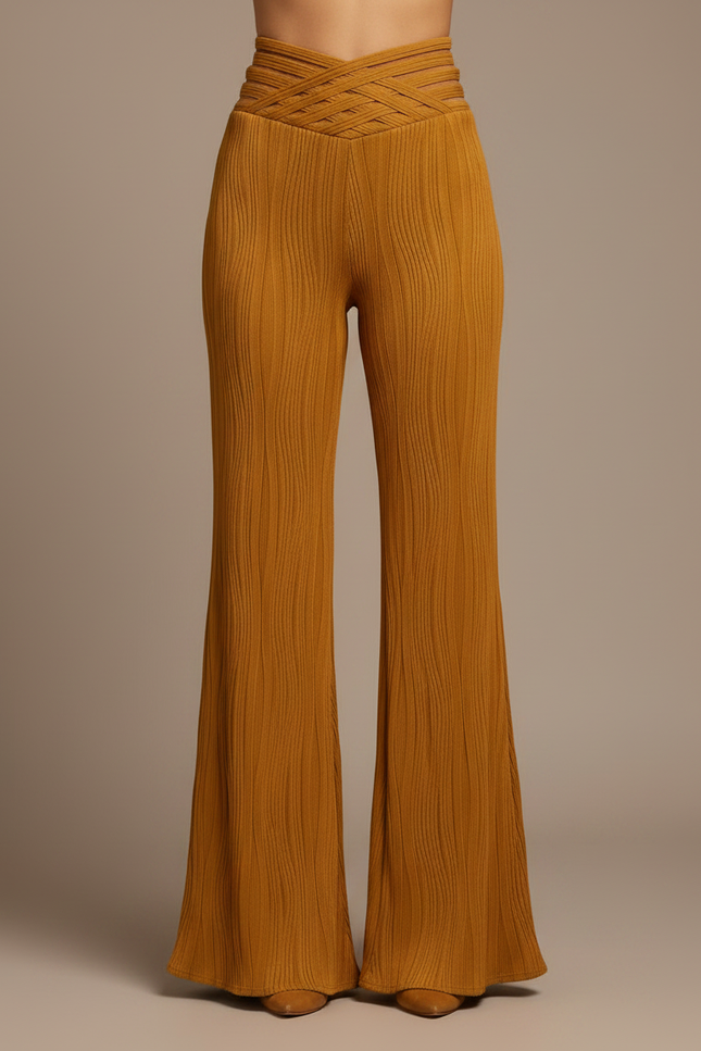 Pantalon Patte D'Éléphant Ocre Côtelé Texturé Croisé Élégant - Jaune Maille - vue 3