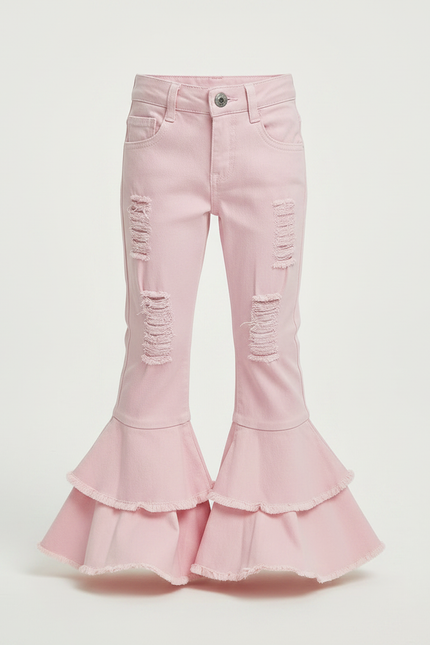 Pantalon Patte D'Éléphant Rose Volants Déchiré Fille Denim - Jean - vue 3