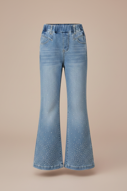 Pantalon Patte D'Éléphant Bleu Évasé Strass Enfant - Jean - vue 3