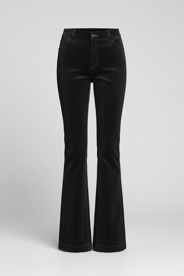 Pantalon Patte D'Éléphant Noir Côtelé Taille Haute Élégant - Cordé - vue 3