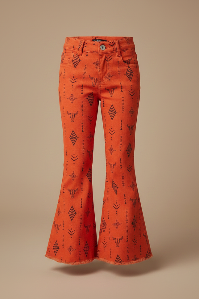Pantalon Patte D'Éléphant Orange Imprimé Tribal Évasé Fille - Coton - vue 3