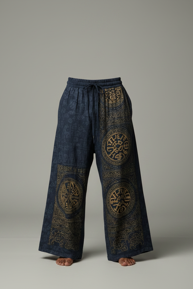 Pantalon Patte D'Éléphant Bleu Imprimé Ethnique Ample Coton - vue 3