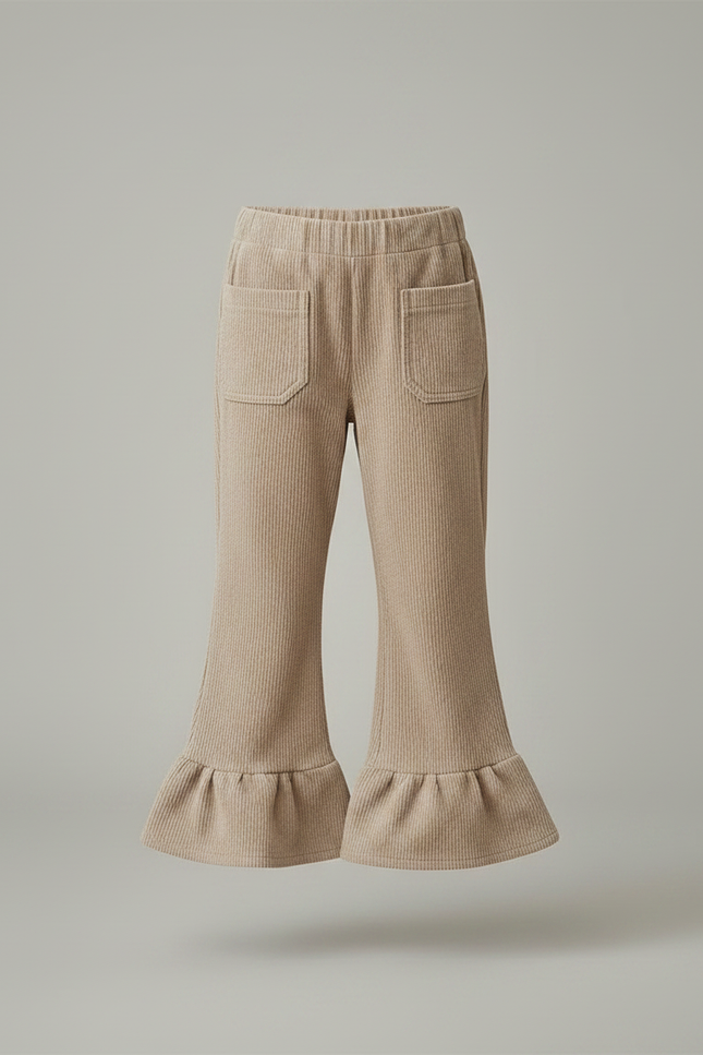 Pantalon Patte D'Éléphant Fille Côtelé Beige Volants Confortable - Maille - vue 3