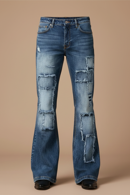 Pantalon Patte D'Éléphant Bleu Patchwork Vintage Délavé Homme - Jean - vue 3