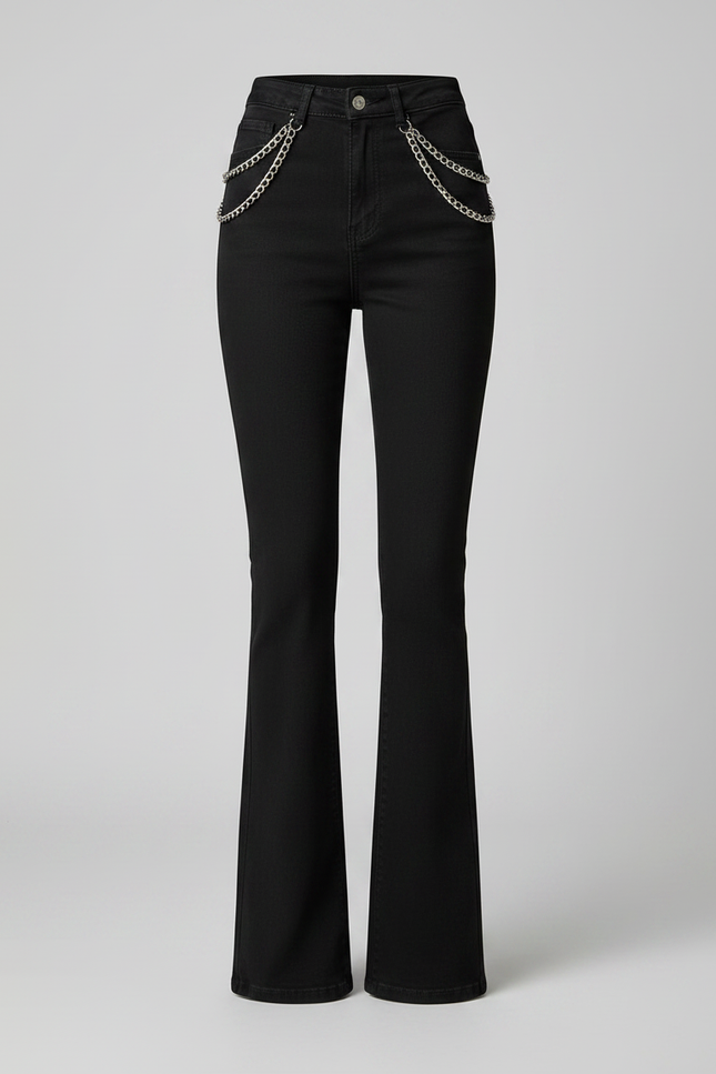 Pantalon Patte D'Éléphant Noir Chaînes Découpes Denim Évasé - Jean - vue 3
