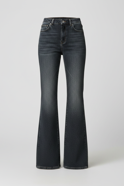 Pantalon Patte D'Éléphant Jean Gris Délavé Taille Haute Femme - vue 3