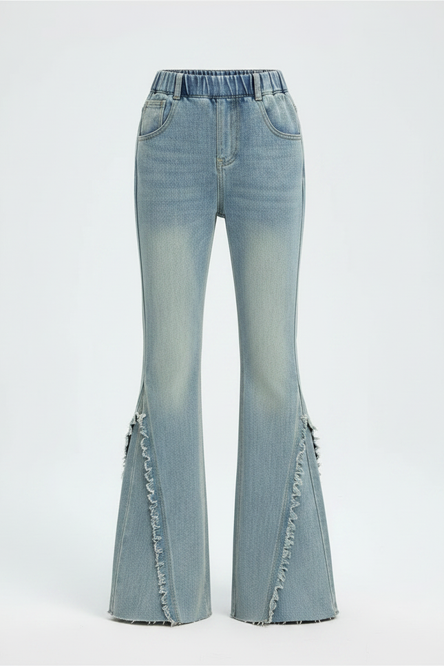 Pantalon Patte D'Éléphant Denim Bleu Clair Évasé Franges - Jean - vue 3
