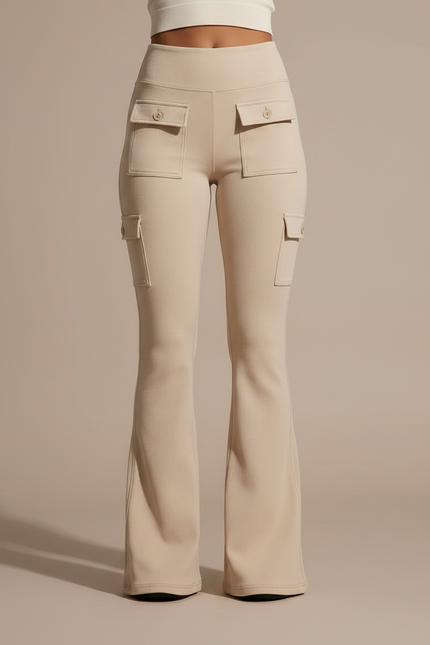 Pantalon Patte D'Éléphant Beige Cargo Taille Haute Confortable - Molleton - vue 3