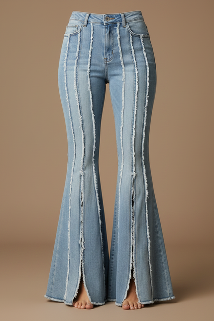 Pantalon Patte D'Éléphant Jean Fendu Franges Taille Haute - Bleu - vue 3