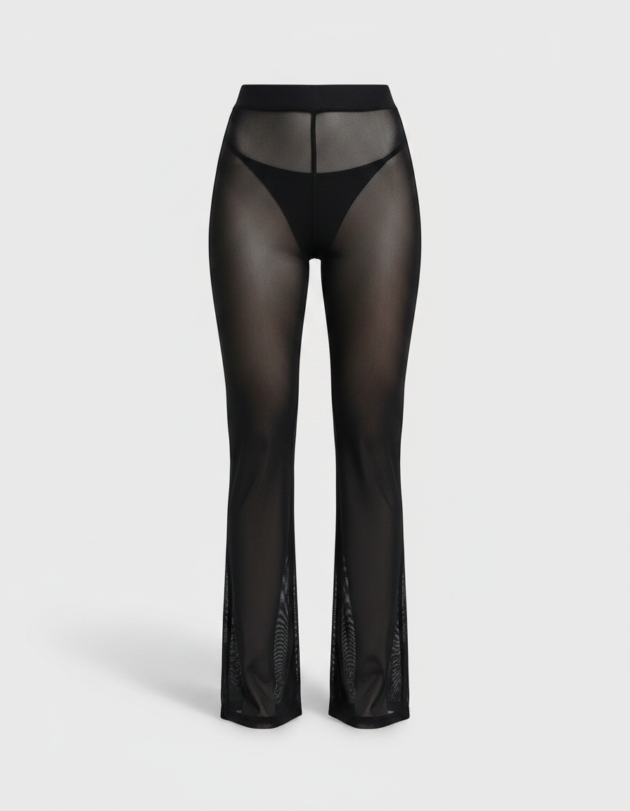 Pantalon Patte D'Éléphant Noir Transparent Taille Haute Sexy - Maille