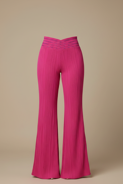 Pantalon Patte D'Éléphant Fuchsia Texturé Taille Haute Élégant - Rose Maille - vue 3