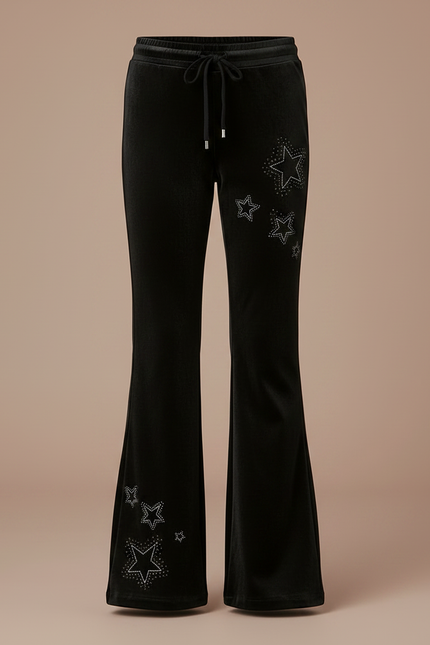 Pantalon Patte D'Éléphant Noir Velours Étoiles Strass Fille - vue 3