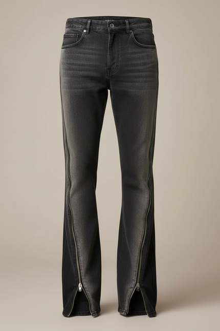 Pantalon Patte D'Éléphant Noir Déchiré Zippé Évasé Homme - Gris Jean - vue 3