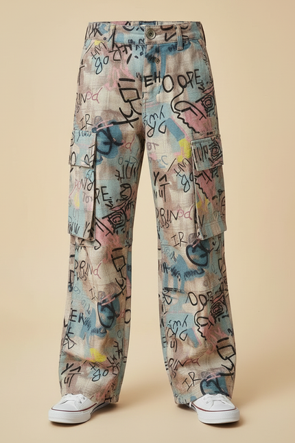 Pantalon Patte D'Éléphant Imprimé Graffiti Ample Garçon Décontracté - Lin - vue 3