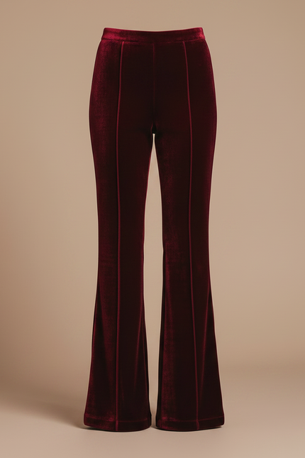 Pantalon Patte D'Éléphant Velours Rouge Bordeaux Taille Haute Évasé - vue 3