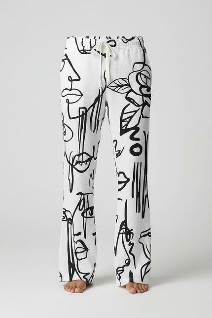 Pantalon Patte D'Éléphant Blanc Imprimé Graphique Décontracté Homme - Lin - vue 3