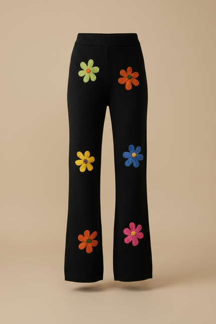 Pantalon Patte D'Éléphant Noir Brodé Fleurs Laine Ample - Maille - vue 3