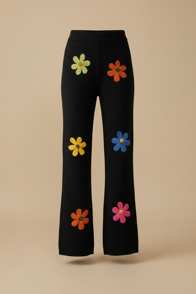 Pantalon Patte D'Éléphant Noir Brodé Fleurs Laine Ample - Maille - vue 3