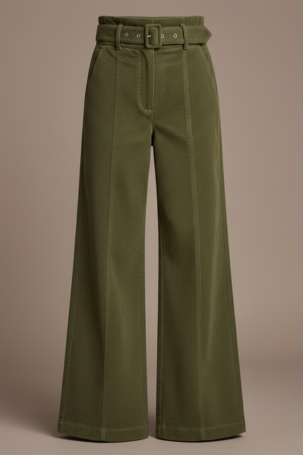 Pantalon Patte D'Éléphant Vert Kaki Similicuir Taille Haute Boucles - Simili cuir - vue 3
