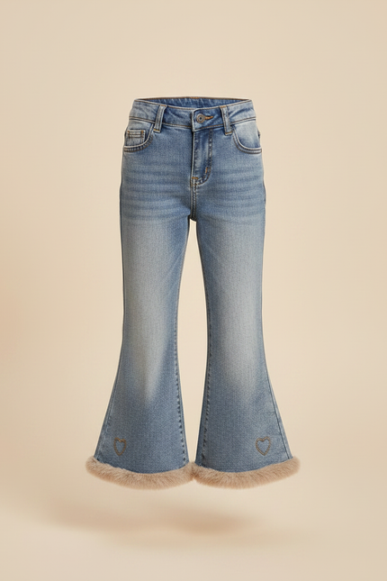 Pantalon Patte D'Éléphant Jean Évasé Cœur Fourrure Fille - Bleu - vue 3