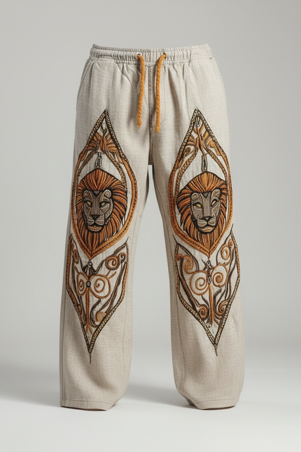Pantalon Patte D'Éléphant Beige Brodé Lion Ethnique Ample Homme - Lin - vue 3