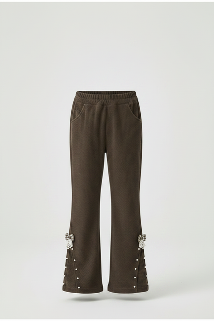 Pantalon Patte D'Éléphant Marron Côtelé Évasé Nœuds Perles - Cordé - vue 3